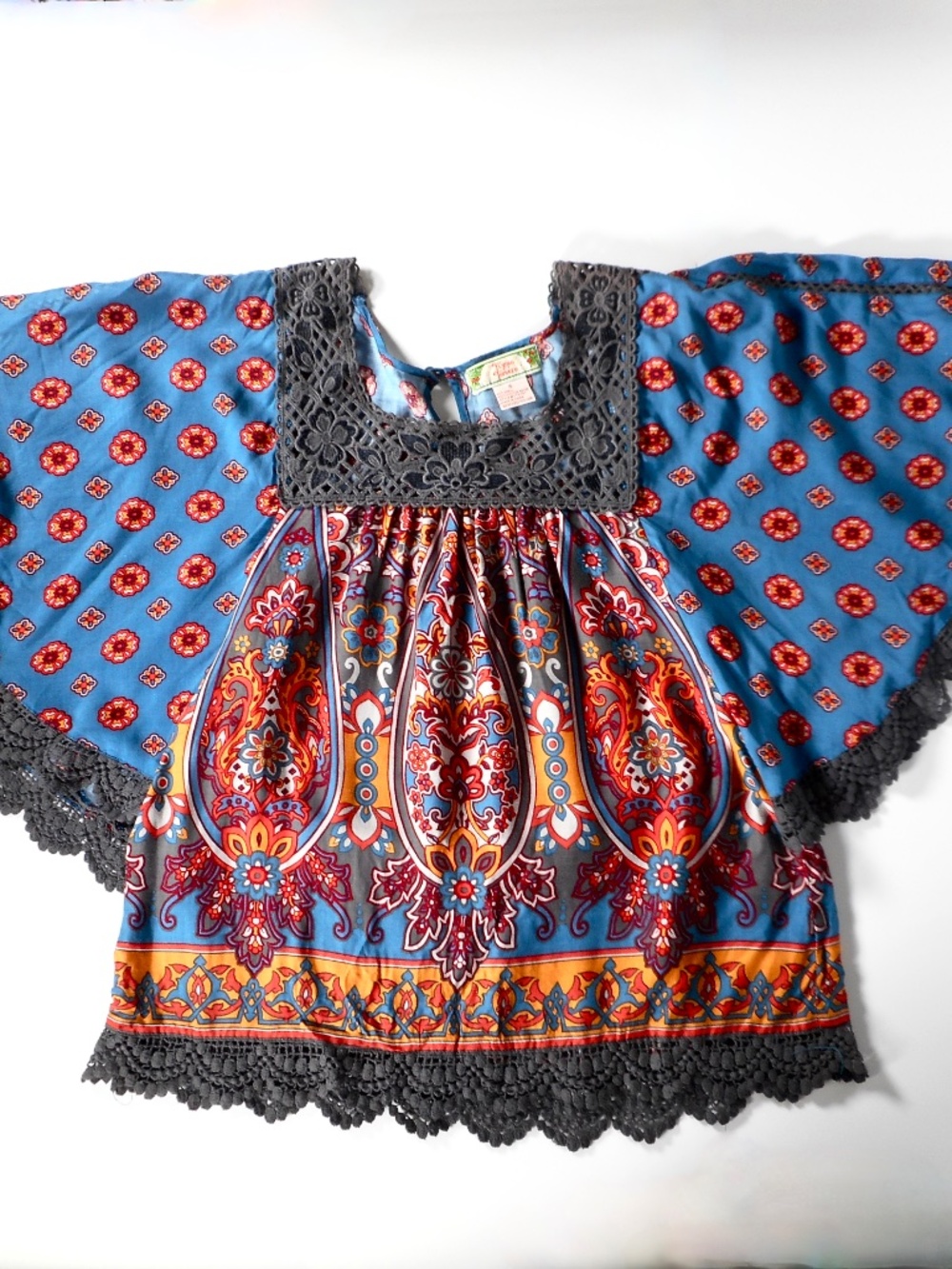 Flying Tomato Blue Orange Lace S Floral Top Crochet Flutter Sleeve Peasant Boho